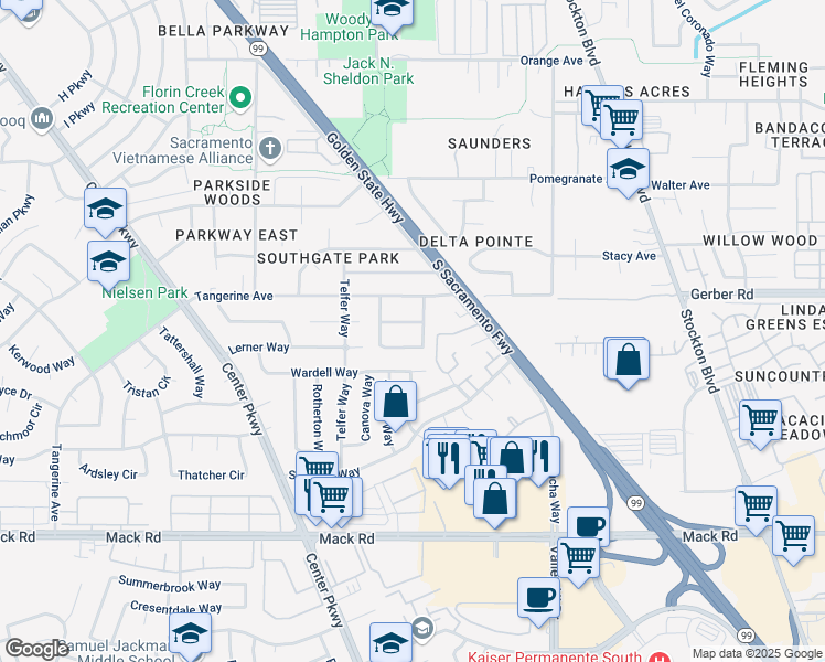 map of restaurants, bars, coffee shops, grocery stores, and more near 5981 Waterash Way in Sacramento