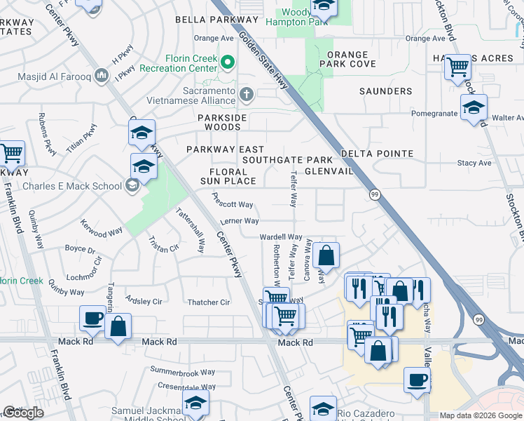 map of restaurants, bars, coffee shops, grocery stores, and more near 5631 Boyton Way in Sacramento