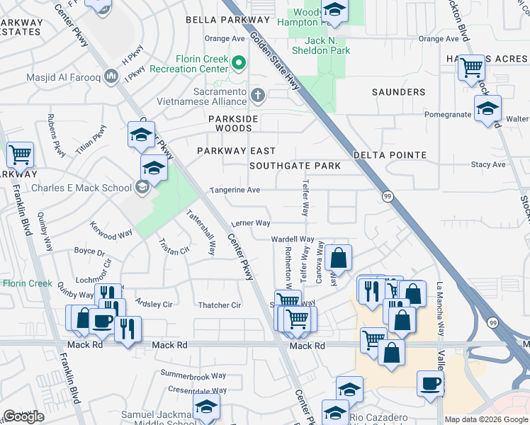 map of restaurants, bars, coffee shops, grocery stores, and more near 7631 Prescott Way in Sacramento