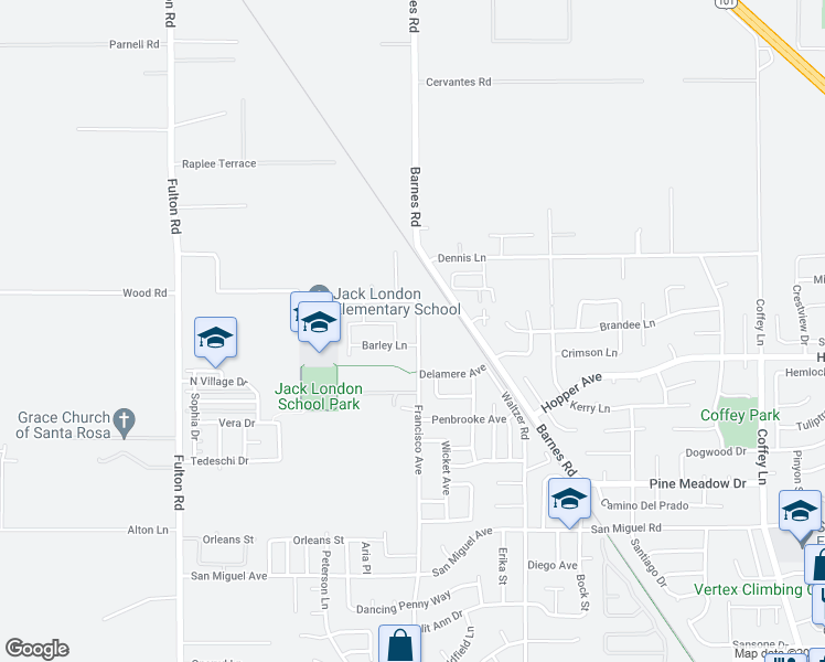 map of restaurants, bars, coffee shops, grocery stores, and more near 2445 Francisco Avenue in Santa Rosa