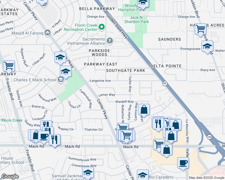map of restaurants, bars, coffee shops, grocery stores, and more near 7631 Prescott Way in Sacramento