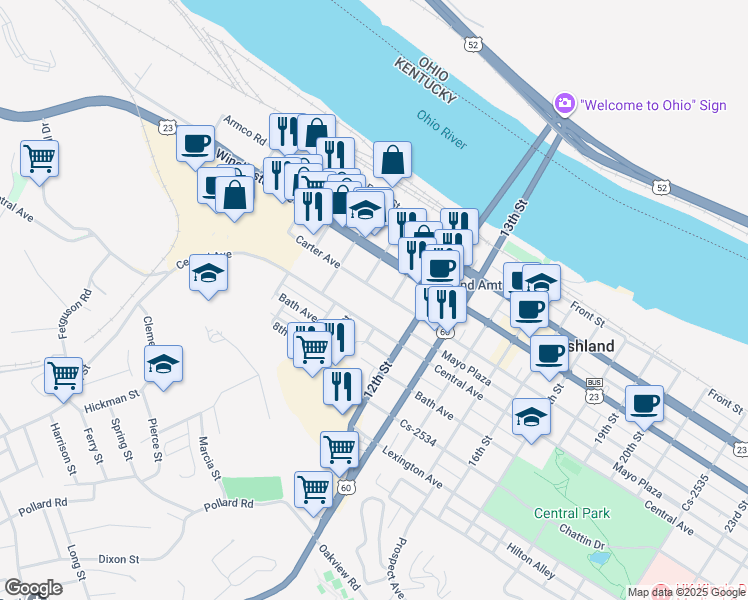 map of restaurants, bars, coffee shops, grocery stores, and more near 1000 Carter Avenue in Ashland