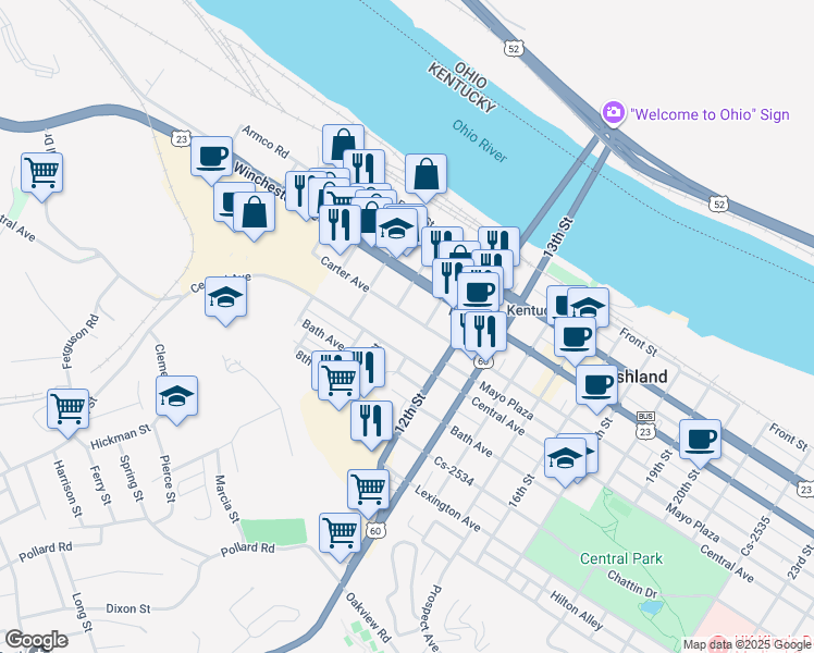 map of restaurants, bars, coffee shops, grocery stores, and more near 1000 Carter Avenue in Ashland