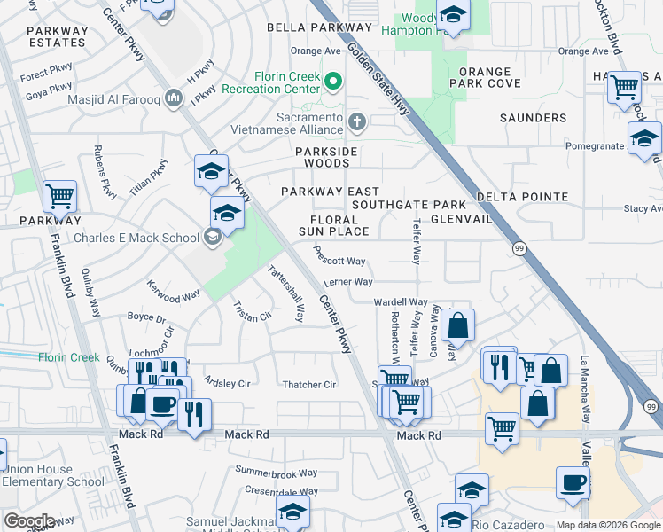 map of restaurants, bars, coffee shops, grocery stores, and more near 7607 Prescott Way in Sacramento