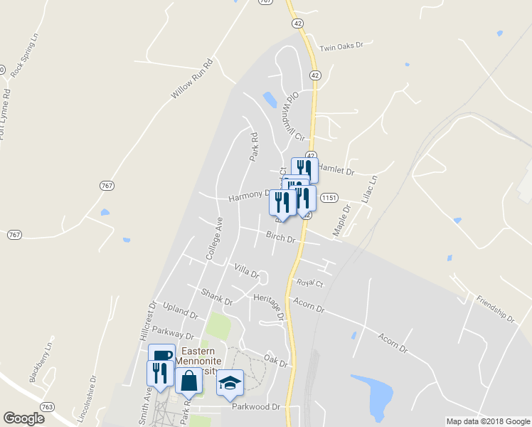 map of restaurants, bars, coffee shops, grocery stores, and more near 1757 Buttonwood Court in Harrisonburg