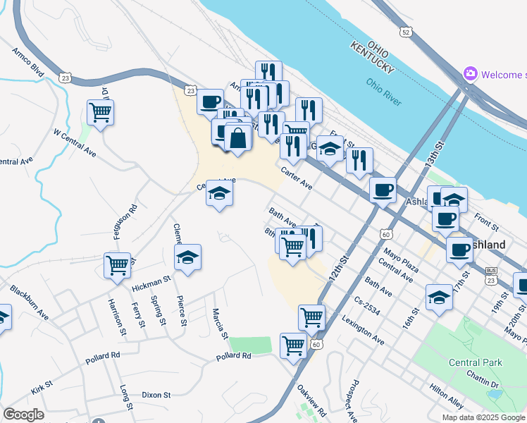 map of restaurants, bars, coffee shops, grocery stores, and more near 599 8th Street in Ashland