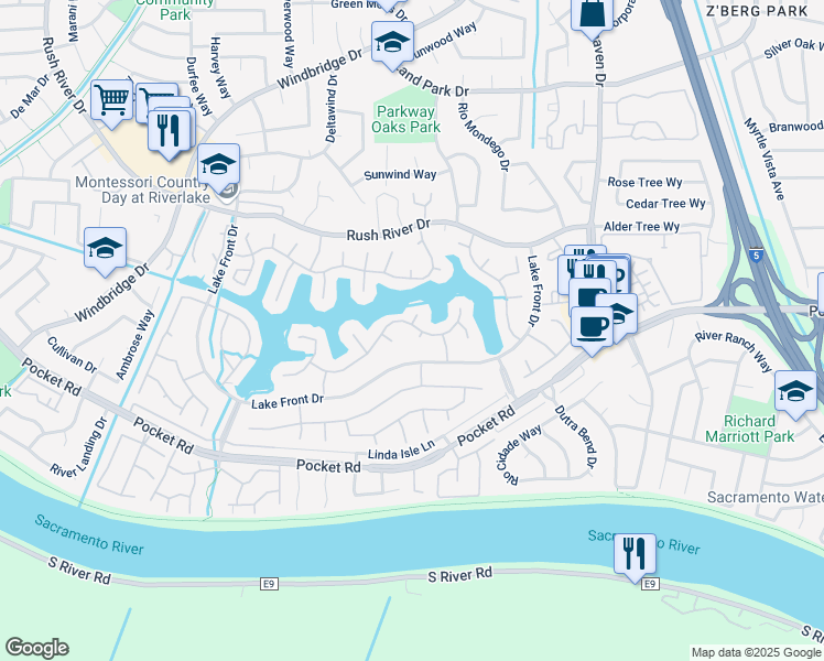 map of restaurants, bars, coffee shops, grocery stores, and more near 964 Cobble Shores Drive in Sacramento