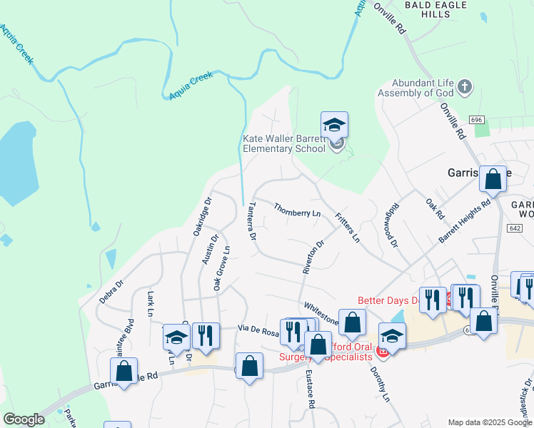 map of restaurants, bars, coffee shops, grocery stores, and more near 7 Tenbrooke Court in Stafford