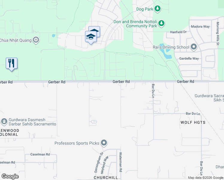 map of restaurants, bars, coffee shops, grocery stores, and more near 9282 Gerber Road in Sacramento