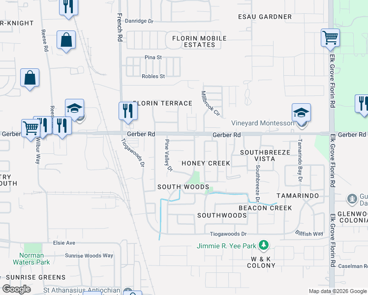 map of restaurants, bars, coffee shops, grocery stores, and more near 8628 Walnut Ridge Way in Sacramento