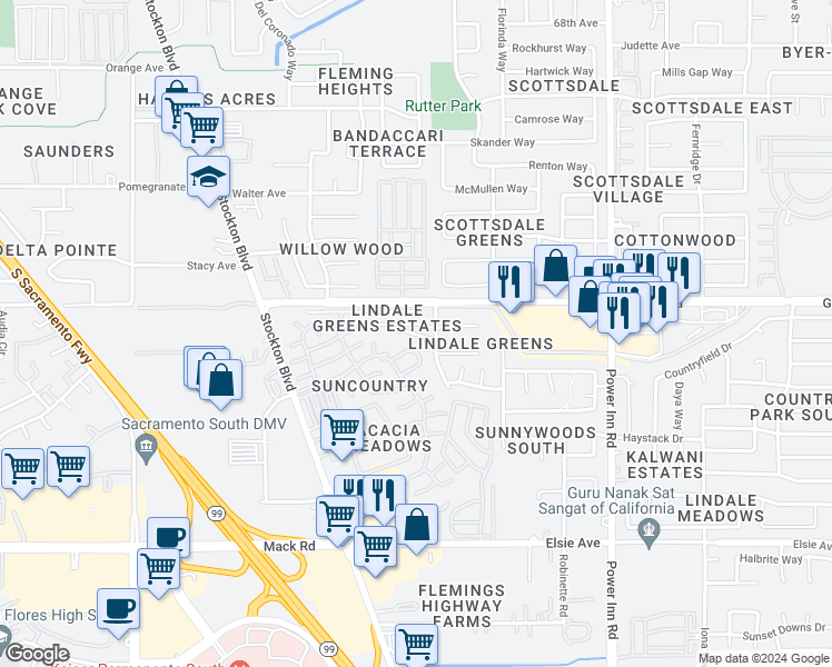 map of restaurants, bars, coffee shops, grocery stores, and more near 7537 Golf Club Court in Sacramento