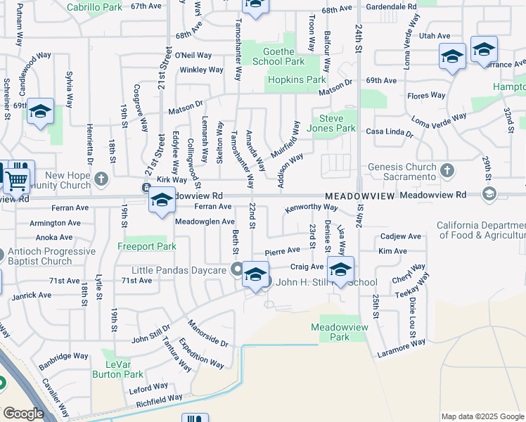 map of restaurants, bars, coffee shops, grocery stores, and more near 2201 Babette Way in Sacramento
