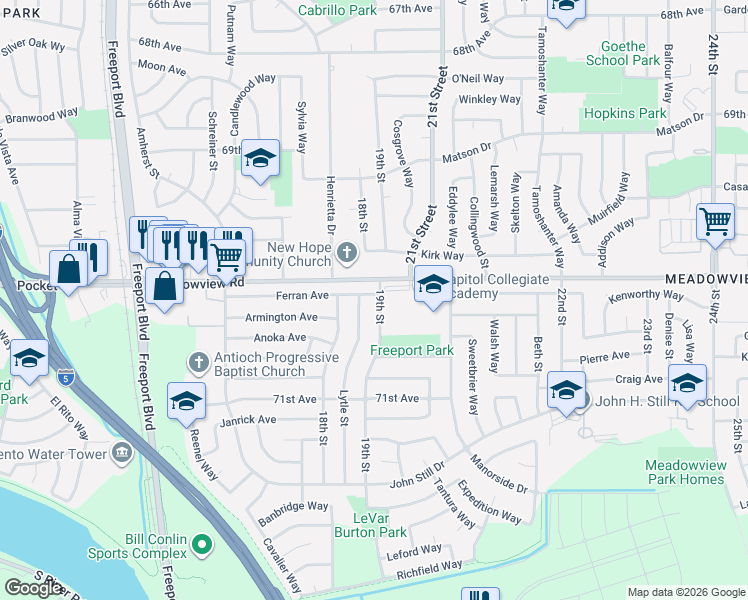 map of restaurants, bars, coffee shops, grocery stores, and more near 1870 Ferran Avenue in Sacramento