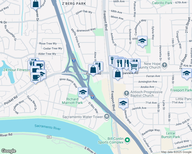 map of restaurants, bars, coffee shops, grocery stores, and more near 7606 Klotz Ranch Court in Sacramento