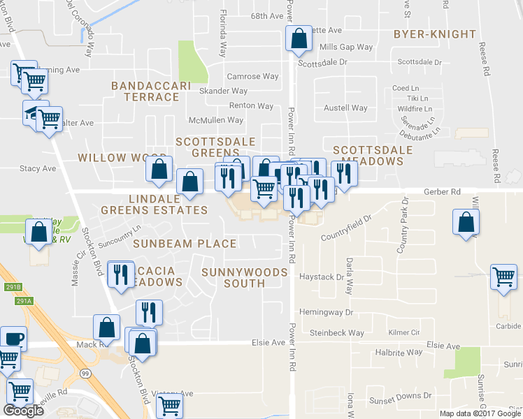 map of restaurants, bars, coffee shops, grocery stores, and more near 7902 Gerber Road in Sacramento