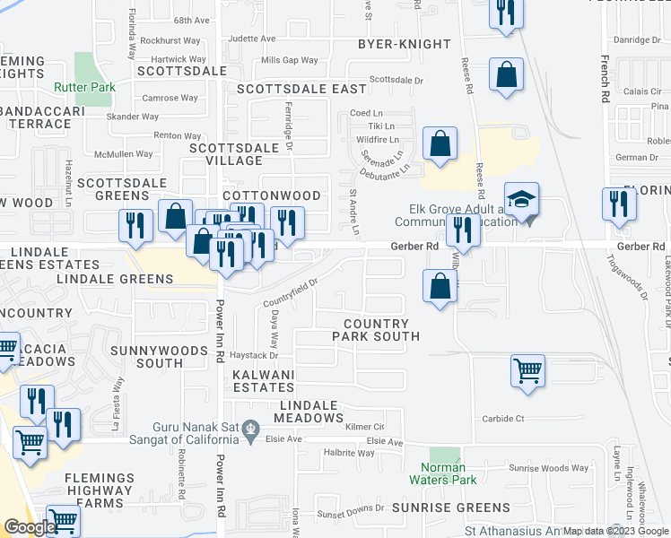 map of restaurants, bars, coffee shops, grocery stores, and more near 7626 Countryfield Drive in Sacramento
