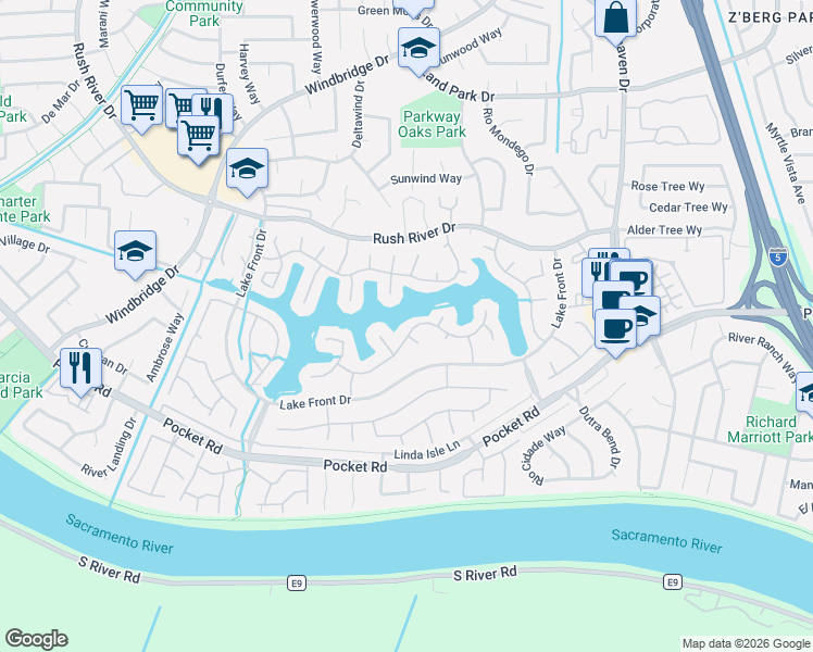 map of restaurants, bars, coffee shops, grocery stores, and more near 957 Cobble Shores Drive in Sacramento