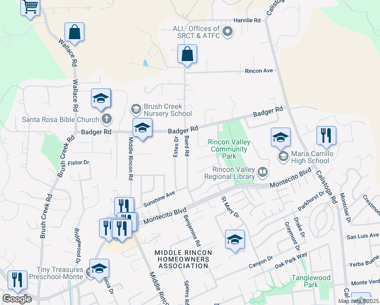 map of restaurants, bars, coffee shops, grocery stores, and more near 1065 Badger Court in Santa Rosa