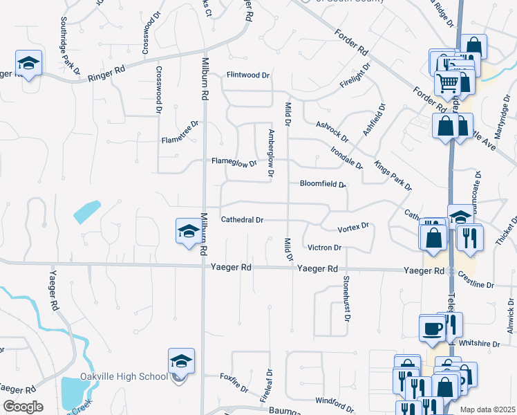 map of restaurants, bars, coffee shops, grocery stores, and more near 2834 Gladwood Drive in Saint Louis