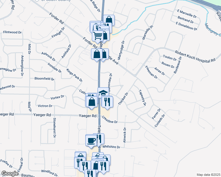 map of restaurants, bars, coffee shops, grocery stores, and more near 45 Burncoate Drive in St. Louis