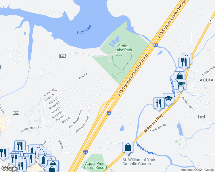 map of restaurants, bars, coffee shops, grocery stores, and more near 210 Shamrock Drive in Stafford