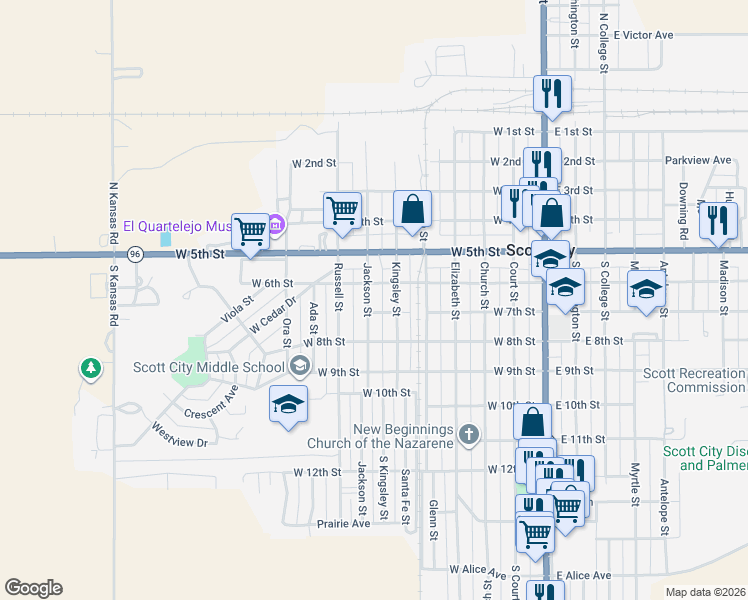 map of restaurants, bars, coffee shops, grocery stores, and more near 600-698 Jackson Street in Scott City