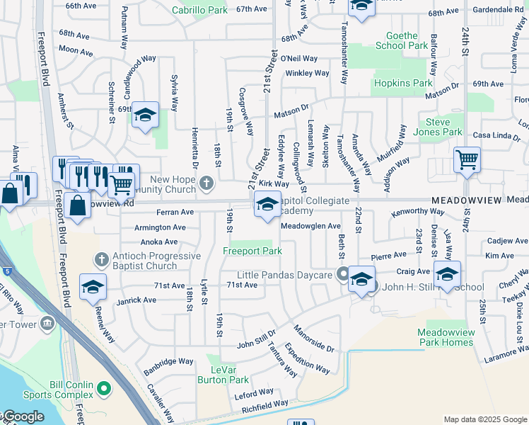 map of restaurants, bars, coffee shops, grocery stores, and more near 2118 Meadowview Road in Sacramento