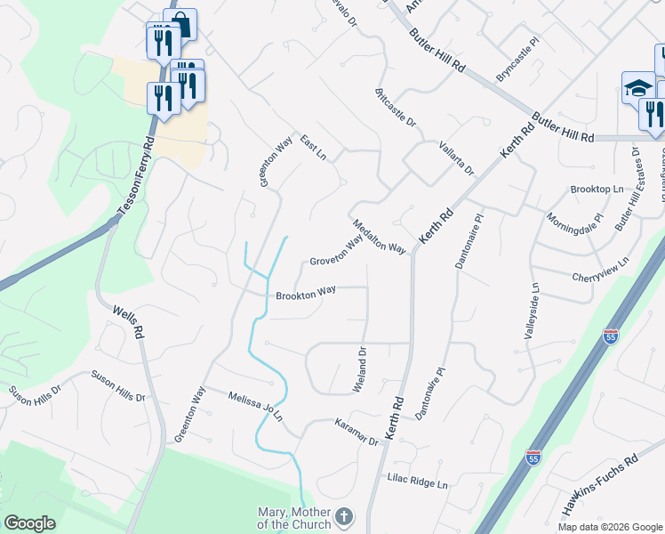 map of restaurants, bars, coffee shops, grocery stores, and more near 4732 Groveton Way in St. Louis