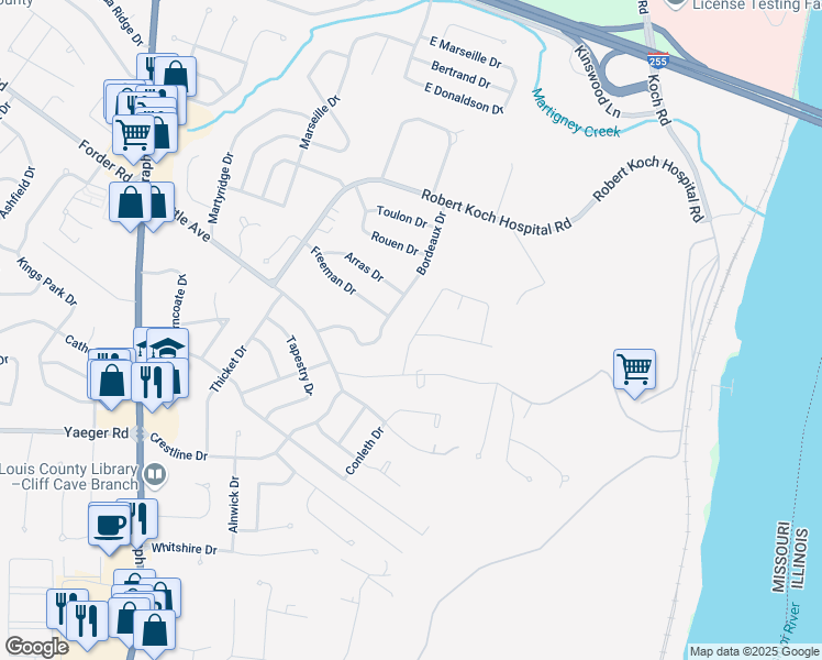 map of restaurants, bars, coffee shops, grocery stores, and more near 4293 Snelson Drive in St. Louis