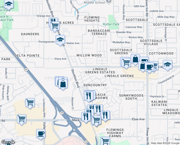 map of restaurants, bars, coffee shops, grocery stores, and more near 7613 Sunstar Lane in Sacramento