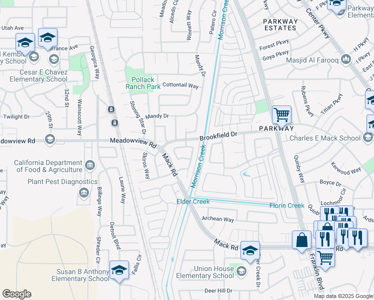 map of restaurants, bars, coffee shops, grocery stores, and more near 7591 Bluebrook Way in Sacramento