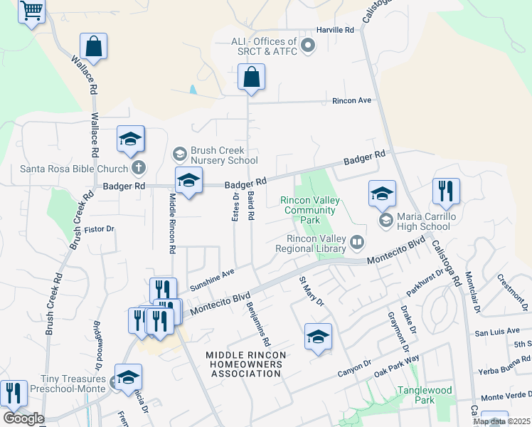 map of restaurants, bars, coffee shops, grocery stores, and more near 1065 Badger Court in Santa Rosa