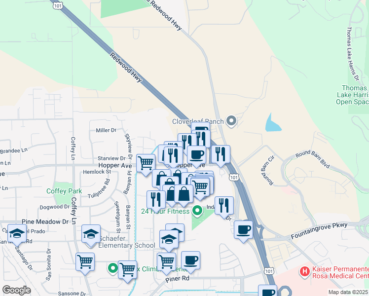 map of restaurants, bars, coffee shops, grocery stores, and more near 3746 Airway Drive in Santa Rosa
