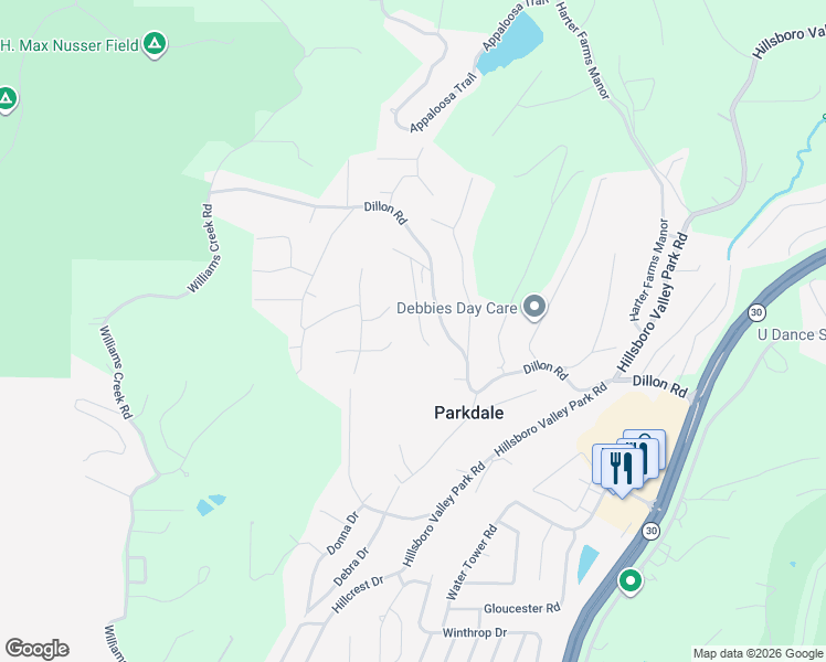 map of restaurants, bars, coffee shops, grocery stores, and more near 2150 Linnus Drive in High Ridge