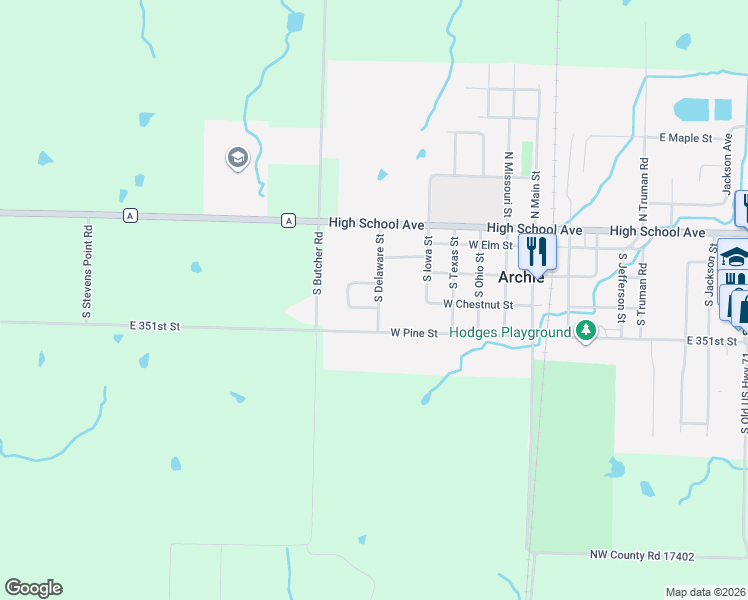 map of restaurants, bars, coffee shops, grocery stores, and more near 303 South Delaware Street in Archie