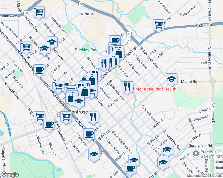 map of restaurants, bars, coffee shops, grocery stores, and more near 100-198 South Nevada Avenue in Montrose