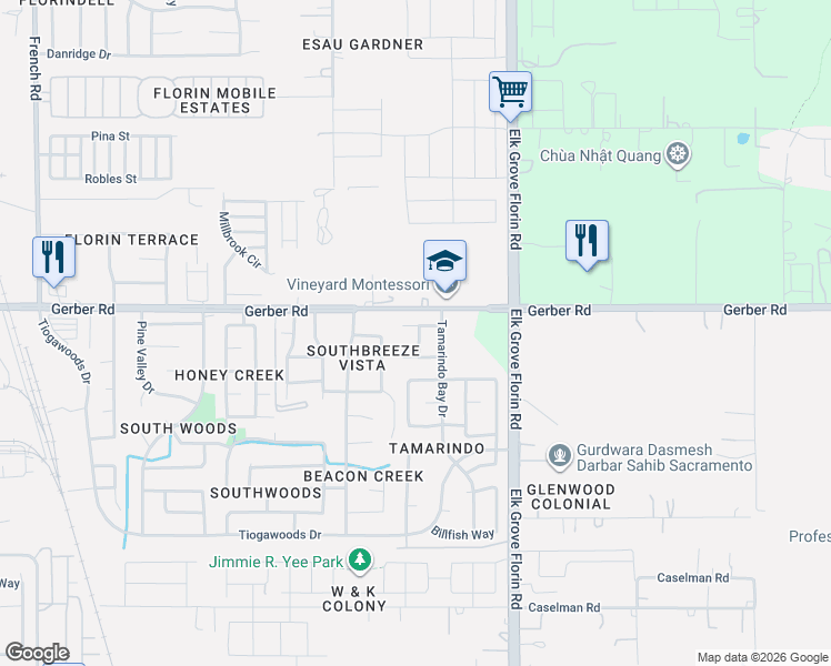 map of restaurants, bars, coffee shops, grocery stores, and more near 7619 Cornejo Way in Sacramento