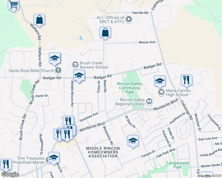 map of restaurants, bars, coffee shops, grocery stores, and more near 1065 Badger Court in Santa Rosa