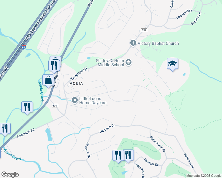 map of restaurants, bars, coffee shops, grocery stores, and more near 55 Bismark Drive in Stafford