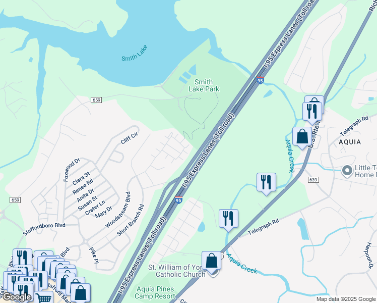 map of restaurants, bars, coffee shops, grocery stores, and more near 107 Hollister Lane in Stafford