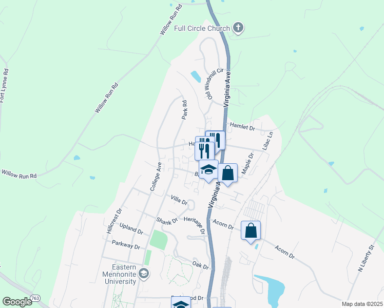 map of restaurants, bars, coffee shops, grocery stores, and more near 1757 Buttonwood Court in Harrisonburg