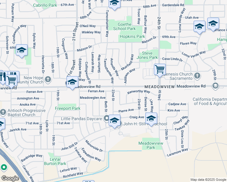 map of restaurants, bars, coffee shops, grocery stores, and more near 2201 Babette Way in Sacramento