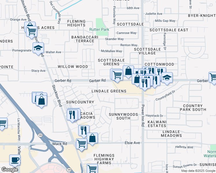 map of restaurants, bars, coffee shops, grocery stores, and more near 7623 Birdie Court in Sacramento