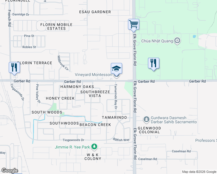 map of restaurants, bars, coffee shops, grocery stores, and more near 7619 Cornejo Way in Sacramento