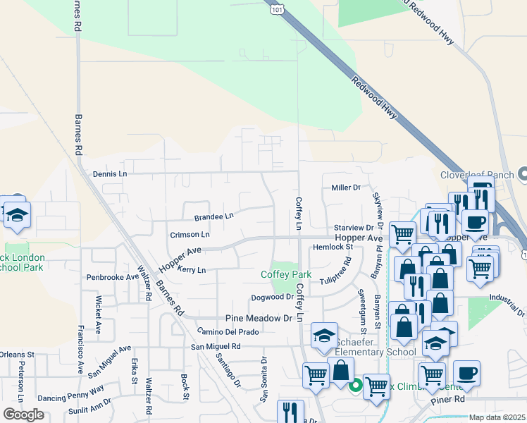 map of restaurants, bars, coffee shops, grocery stores, and more near 1612 Brandee Lane in Santa Rosa