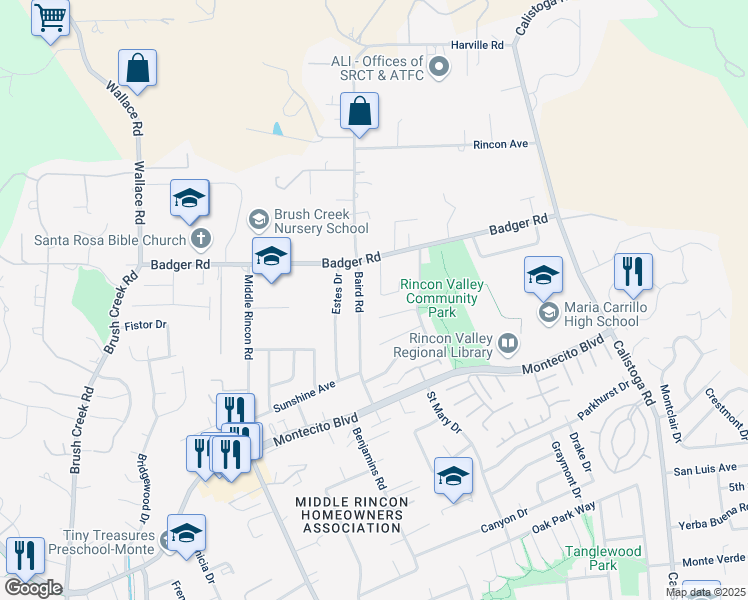 map of restaurants, bars, coffee shops, grocery stores, and more near 1065 Badger Court in Santa Rosa