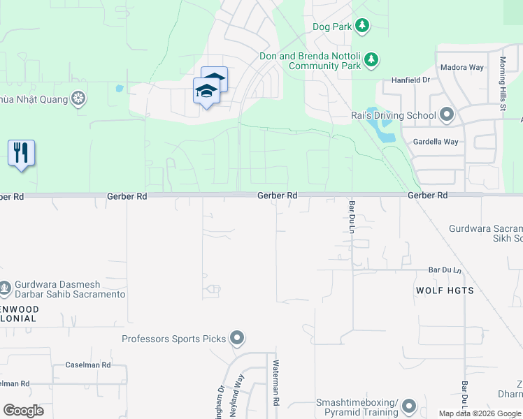 map of restaurants, bars, coffee shops, grocery stores, and more near 9282 Gerber Road in Sacramento