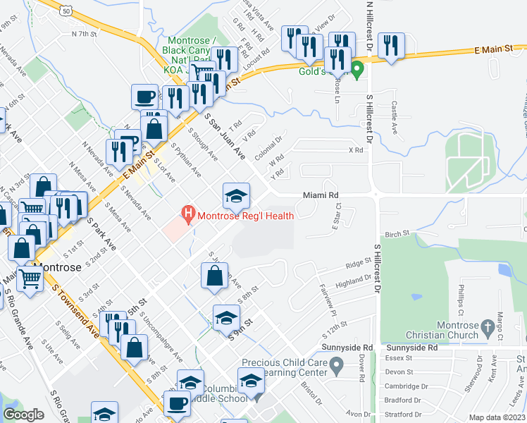 map of restaurants, bars, coffee shops, grocery stores, and more near 699 South Stough Avenue in Montrose