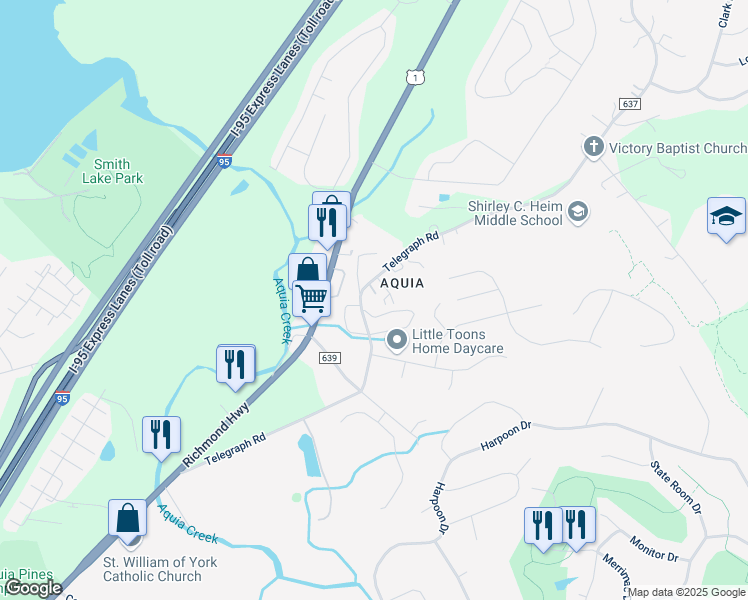 map of restaurants, bars, coffee shops, grocery stores, and more near 196 Telegraph Road in Stafford