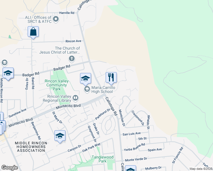 map of restaurants, bars, coffee shops, grocery stores, and more near 832 Montrose Court in Santa Rosa